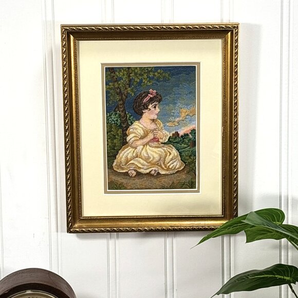 Vintage Framed Petit Point Girl Needlepoint Art Hand-Stitched Wall Decor - Picture 1 of 13